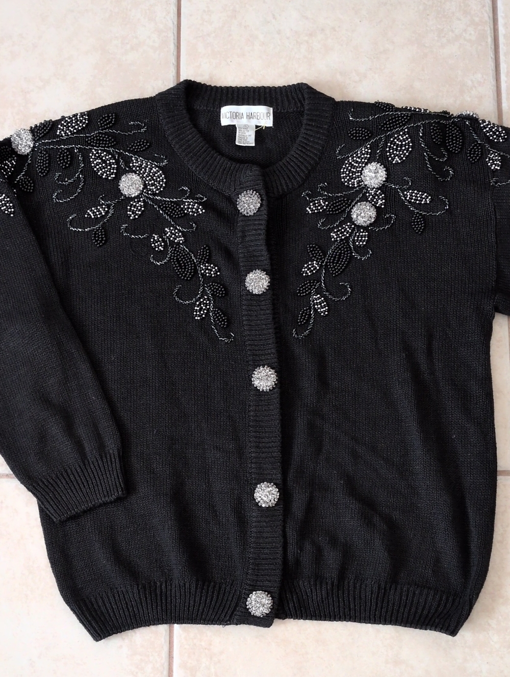 Vintage Victoria Harbour Black Cardigan Silver Beaded Cardigan Size Large